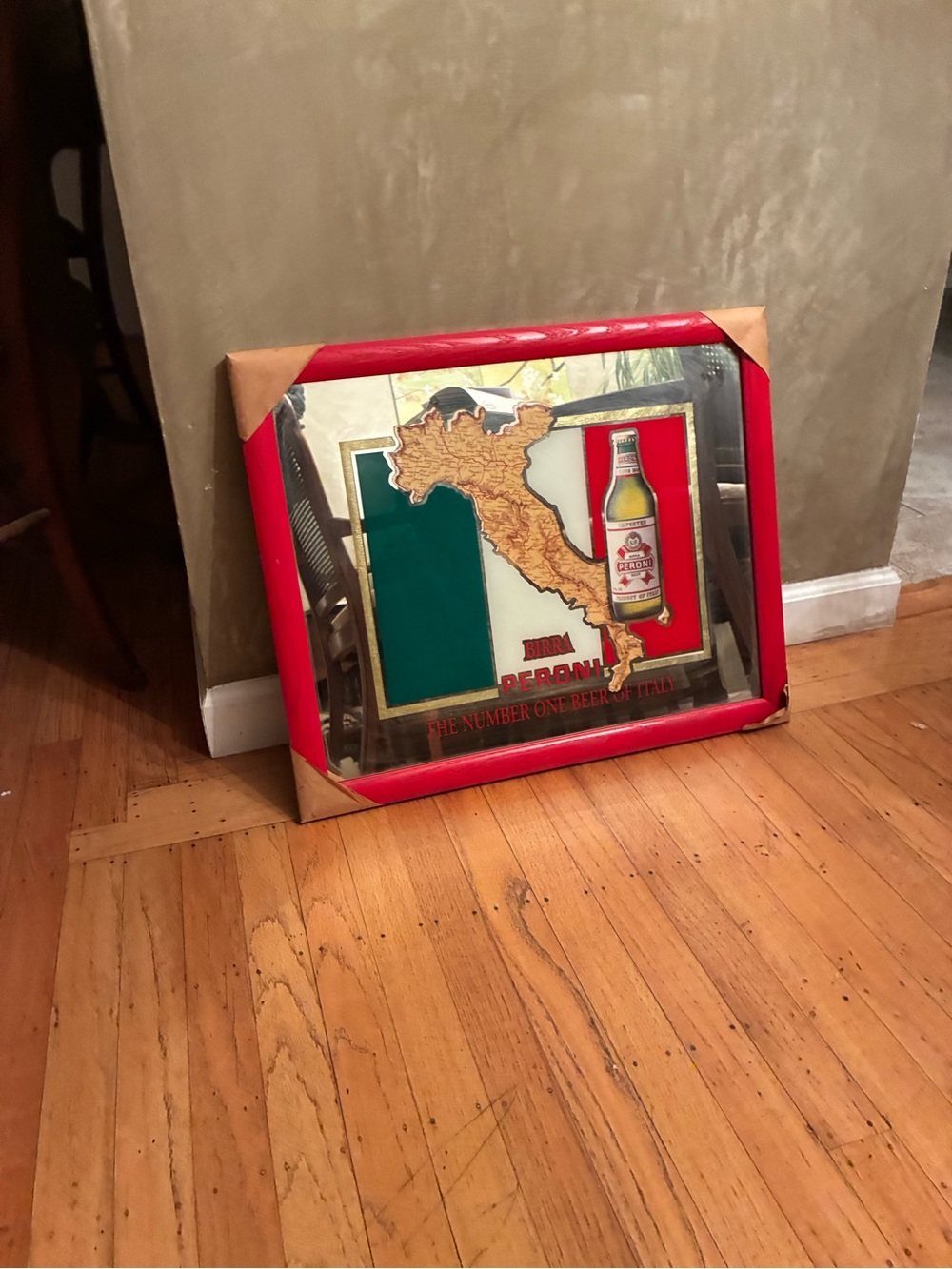 Vintage Birra Peroni Framed Mirror Sign - Red, Green, Gold